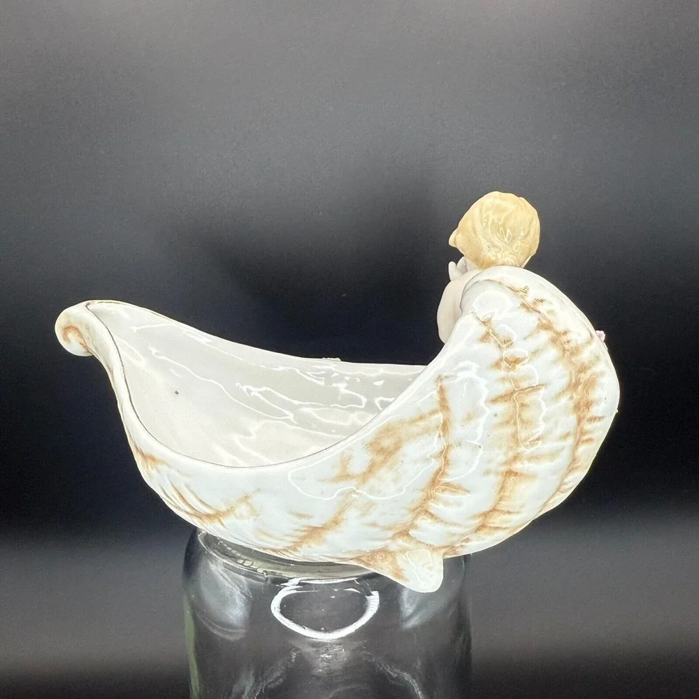 Vintage Cherub Angel Shell Porcelain Trinket Pink Flower Dish‎ Shabby Chic